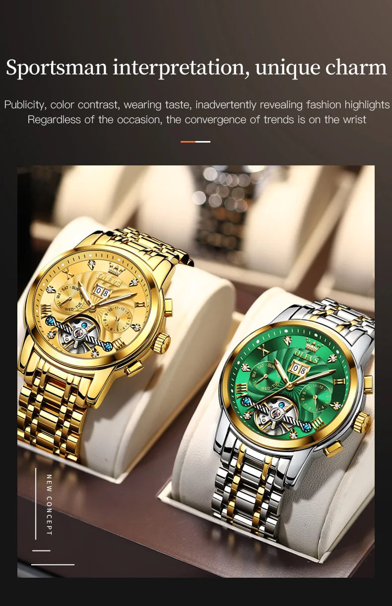 OLEVS 9910 Reloj para hombre Tourbillon de lujo Original Reloj mecánico automático Reloj luminoso resistente al agua con fecha y día con caja Reloj