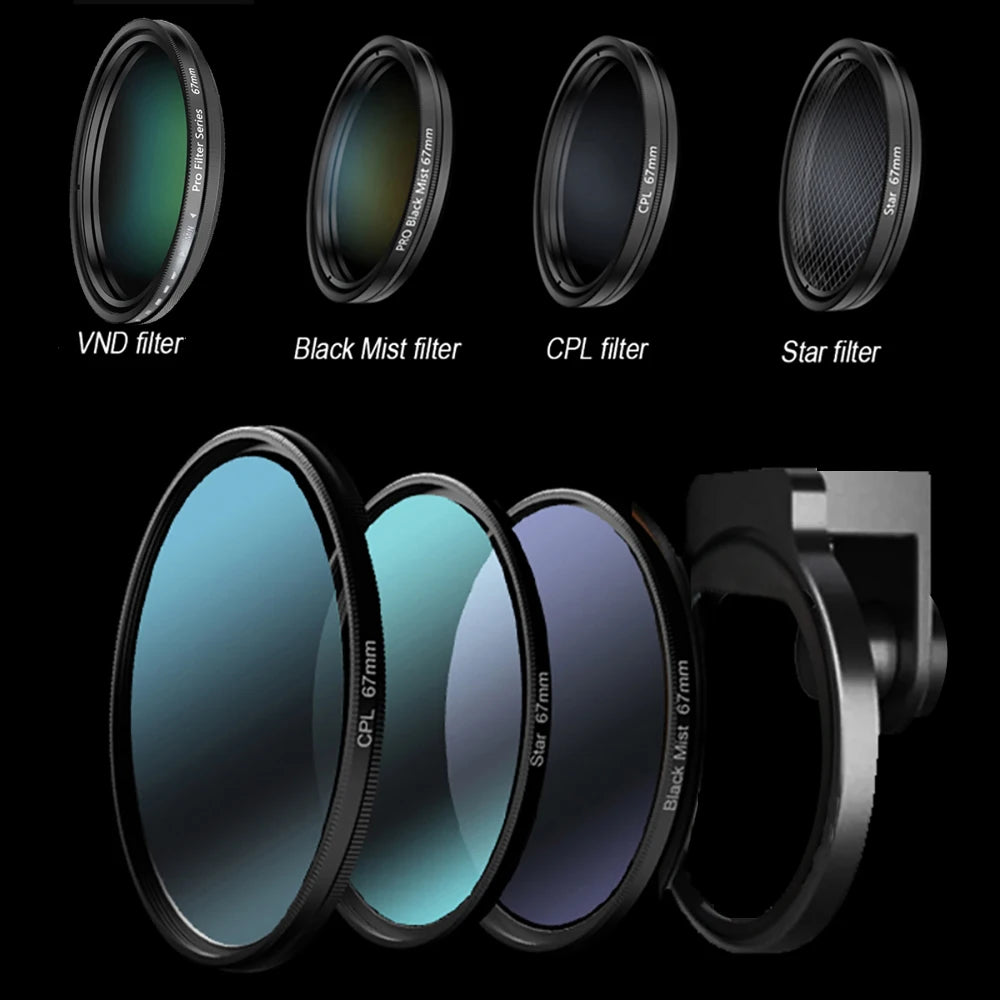 Kit de lentes de filtro de teléfono Universal con Clip, lente de cámara CPL VND Star, filtros de niebla negros para teléfonos inteligentes Samsung, iPhone, HUAWEI, 67mm