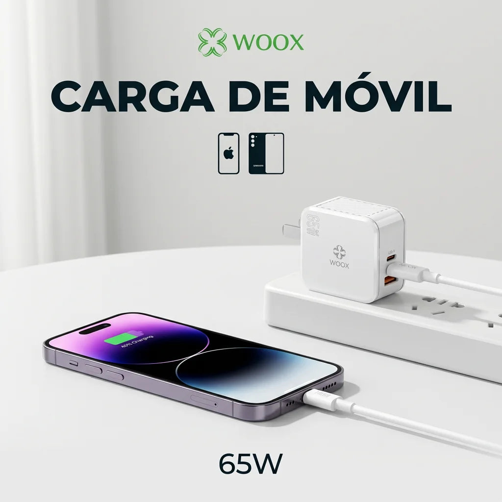 Cargador Rápido Woox 65W GaN con Cable de 100W, 2 Puertos Compactos (USB-C PD y USB-A) para iPhone 17, Teléfono Android, Ordenador Portátil