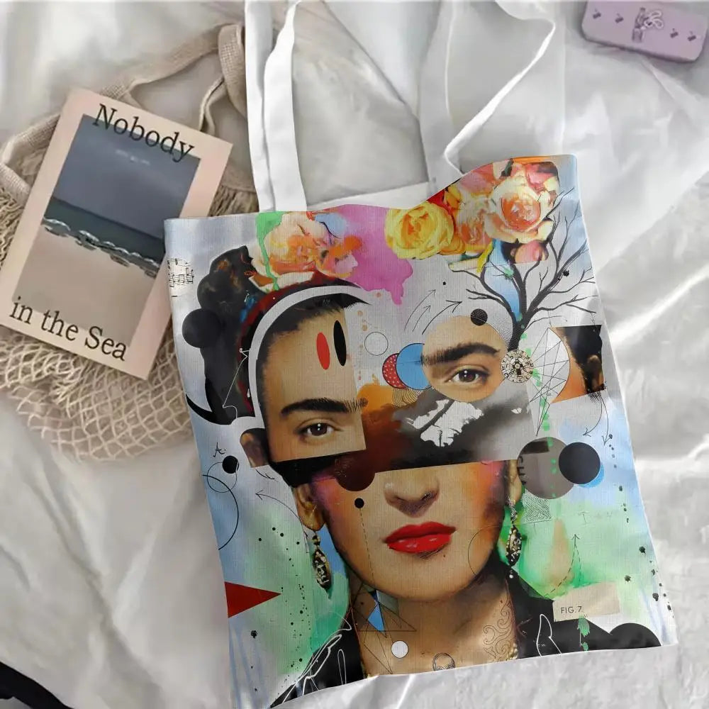 Bolsos de Almacenamiento Art F-Frida Kahlo, Bolso Tote de Lona con Estampado a Doble Cara, Bolso de Hombro de Gran Capacidad para Mujer