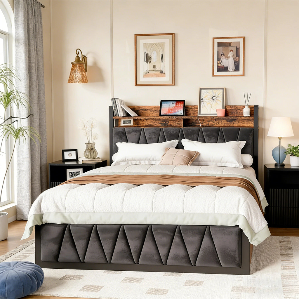 Base de Cama con Cabecero y Cajones, Somier de Madera para Colchón Matrimonial, Muebles para el Hogar