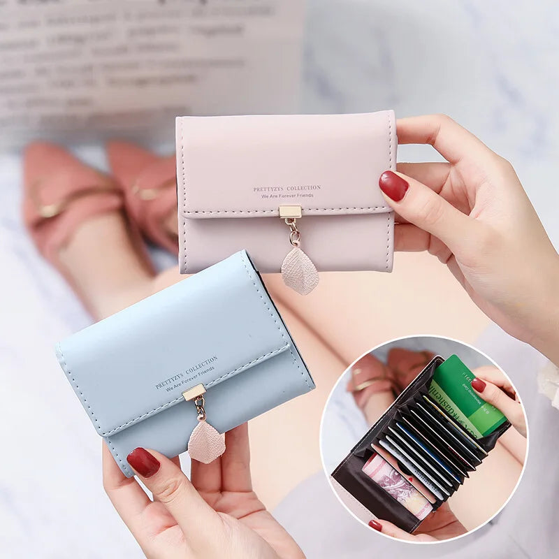Cartera de mujer con bonita hoja de acordeón, Mini tarjetero, monedero corto a la moda, billetera Simple de color sólido, monedero delgado múltiple
