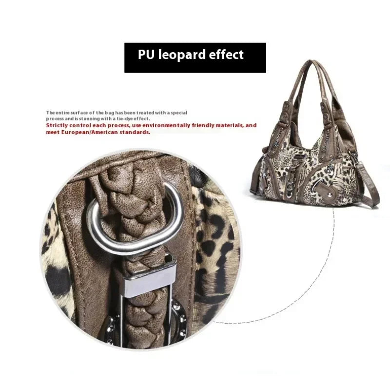 Bolsos de Mano Vintage con Estampado de Leopardo para Mujer, Estilo Punk Biker Y2K, Bolso de Hombro con Asa Superior, Bolsos de Axila para Dama, con Múltiples Bolsillos