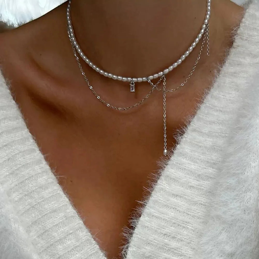 Collar con colgante de cadena con borlas a la moda para mujer, cadena de perlas de imitación y cristal transparente bohemio, joyería, regalo de San Valentín N0538