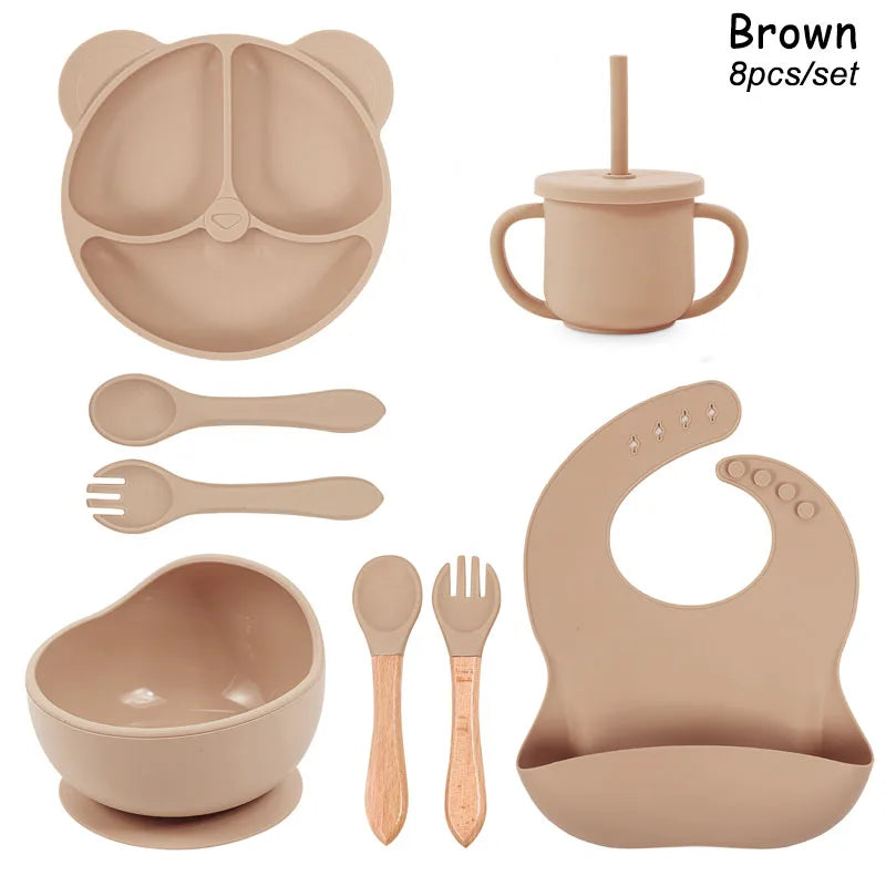 Vajilla de silicona para niños, juego de alimentación de bebé, plato de dibujos animados, nombre personalizado, taza con ventosa, plato, babero, regalo para recién nacido, 8 Uds./5 uds.