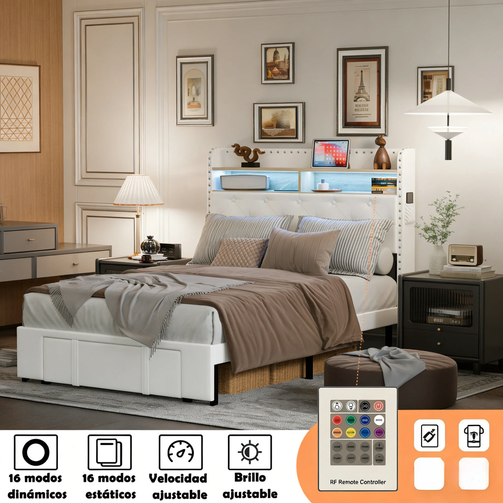 Cabecero de madera, marco de cama, almacenamiento de luces Led, estación de carga, plataforma de Metal regulable, muebles Wingback de estilo moderno