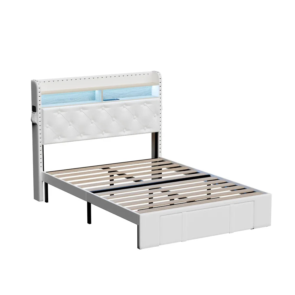 Cabecero de madera, marco de cama, almacenamiento de luces Led, estación de carga, plataforma de Metal regulable, muebles Wingback de estilo moderno