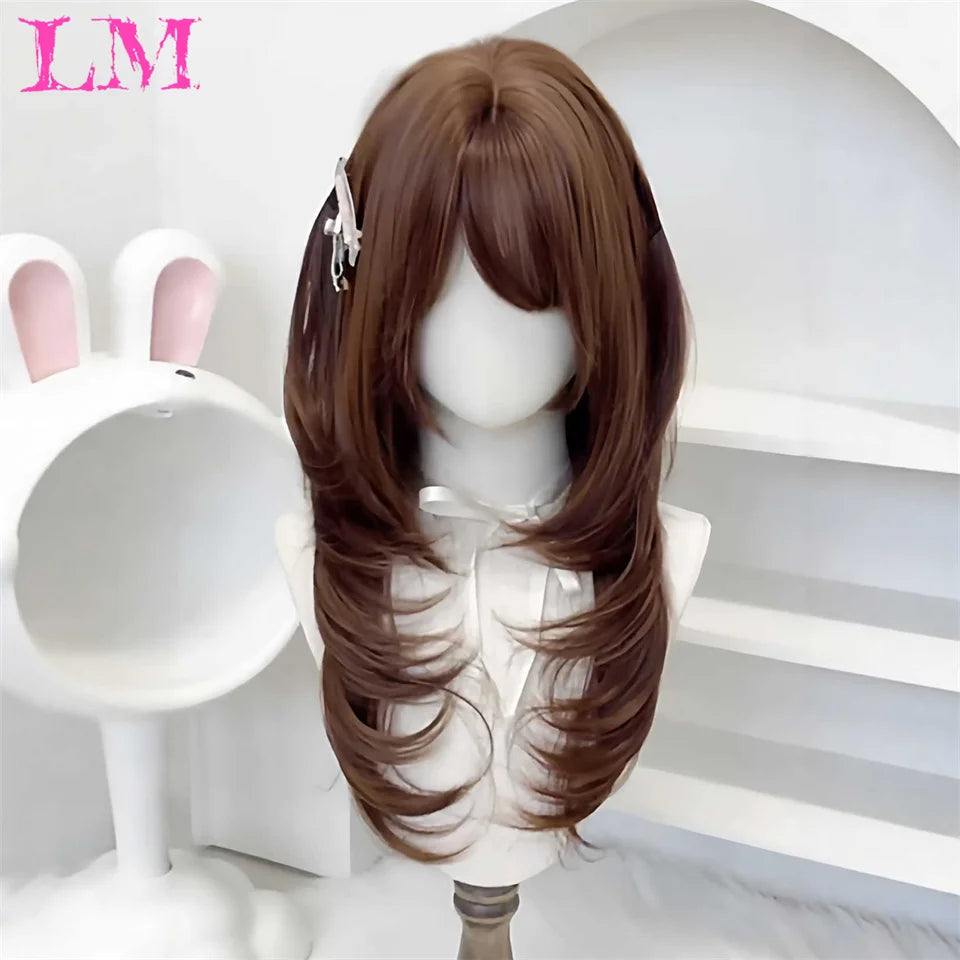 LM Rubio sintético Ombre mezclado rosa Rubio largo ondulado pelucas con flequillo Cosplay fiesta uso fibra resistente al calor para mujeres