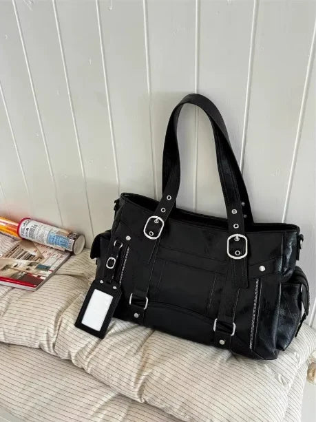 Bolso de mano con tachuelas Vintage para chica, bolso de hombro de gran capacidad con textura de cuero para mujer, bolso cruzado de viaje de estética Y2k