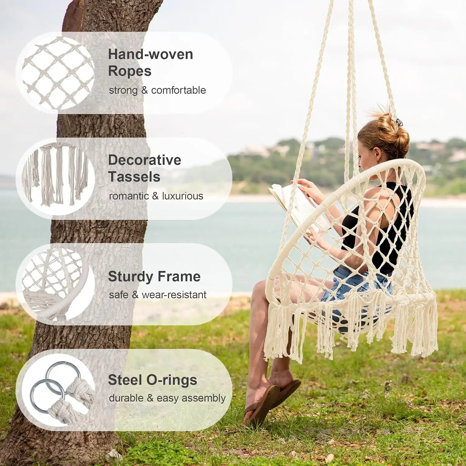 Silla Columpio de macramé para exteriores, hamaca de cuerda tejida a mano, hamaca con parada en Y para el hogar, dormitorio, Patio, terraza Y jardín interior