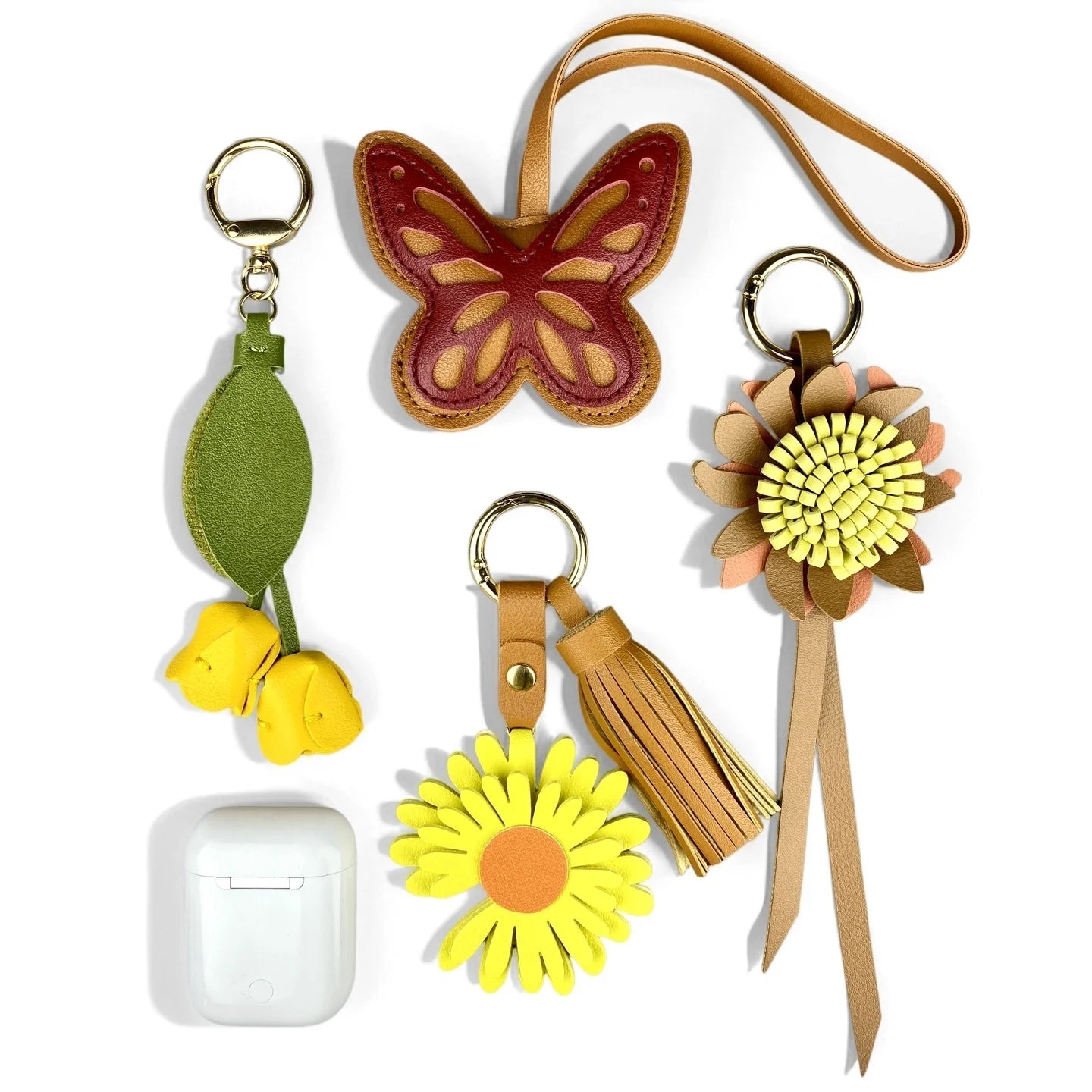 Llavero de mariposa de cuero PU en tonos tierra - Colgante de cuero PU hecho a mano para bolso, accesorio para cartera, regalos florales en tonos neutros cálidos