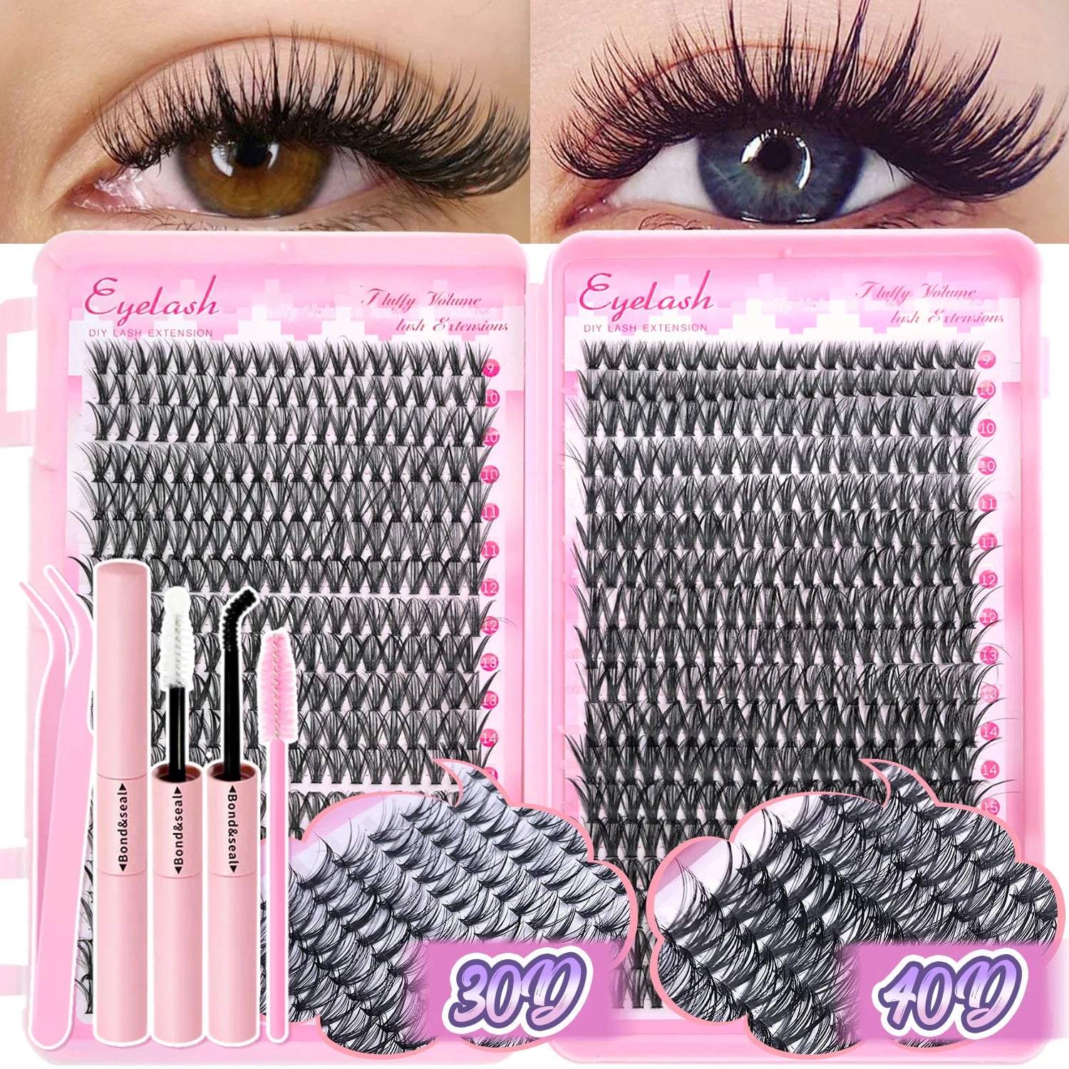 Kit de extensión de pestañas DIY, grupos de pestañas individuales de 9-16mm con unión y sello, pestañas naturales tenues