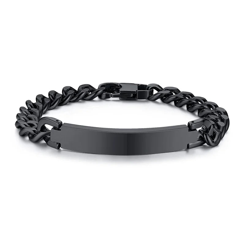 Pulsera de acero inoxidable con identificación de cadena para hombre, brazalete personalizado de Color plateado, barra personalizada con nombres, iniciales, fecha, joyería masculina