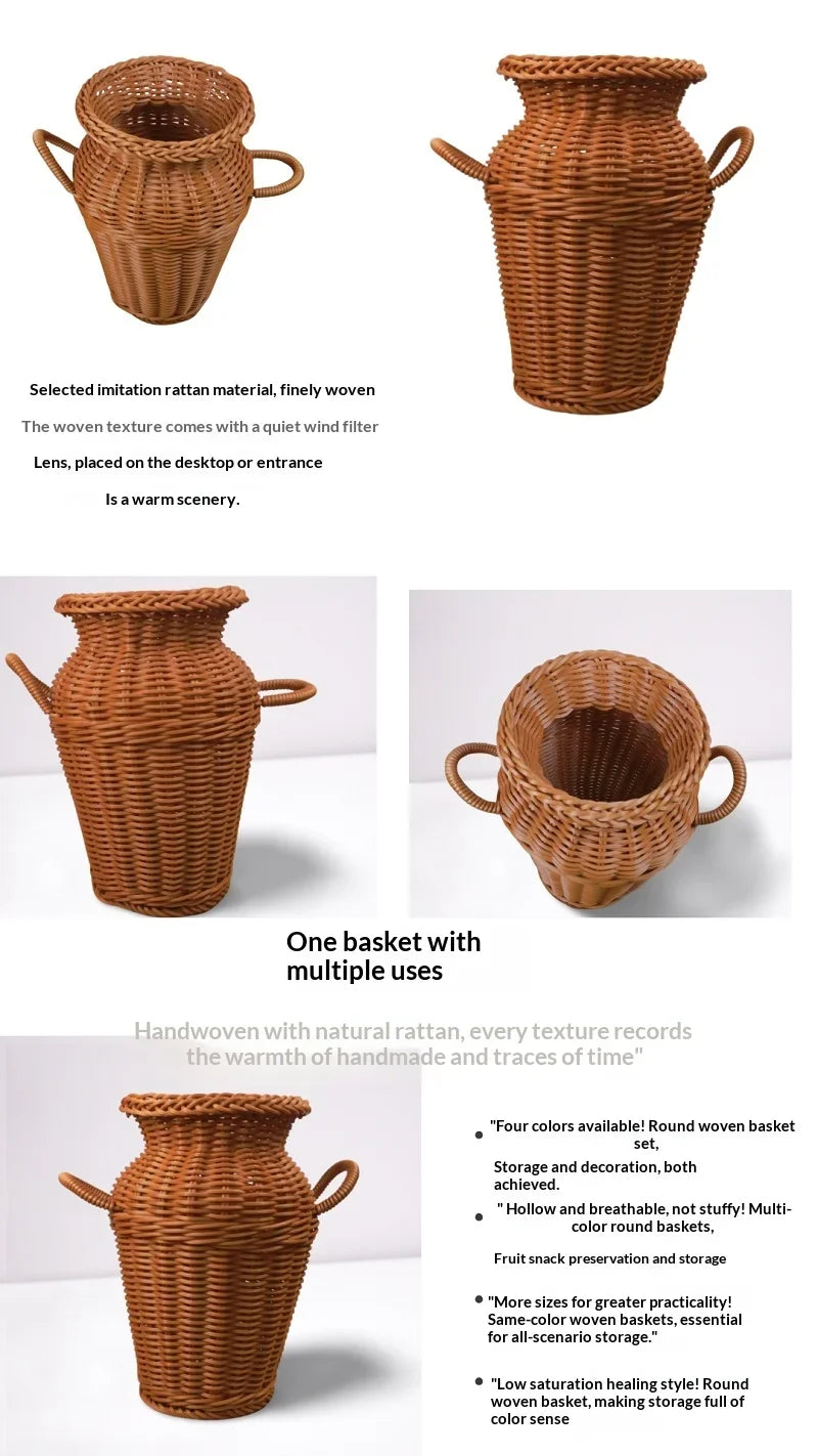 Jarrón de Ratán Tejido a Mano con Asas, Estilo Boho, Maceta Decorativa para Arreglos Florales de Interior y Decoración del Hogar