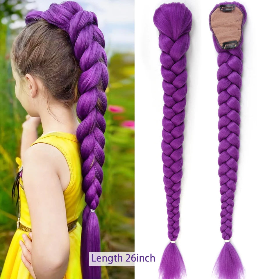 Cola de Caballo de pelo morado trenzado sintético, disfraz de Rumi, cola de caballo larga con banda de goma y Clips para niños y niñas, Navidad