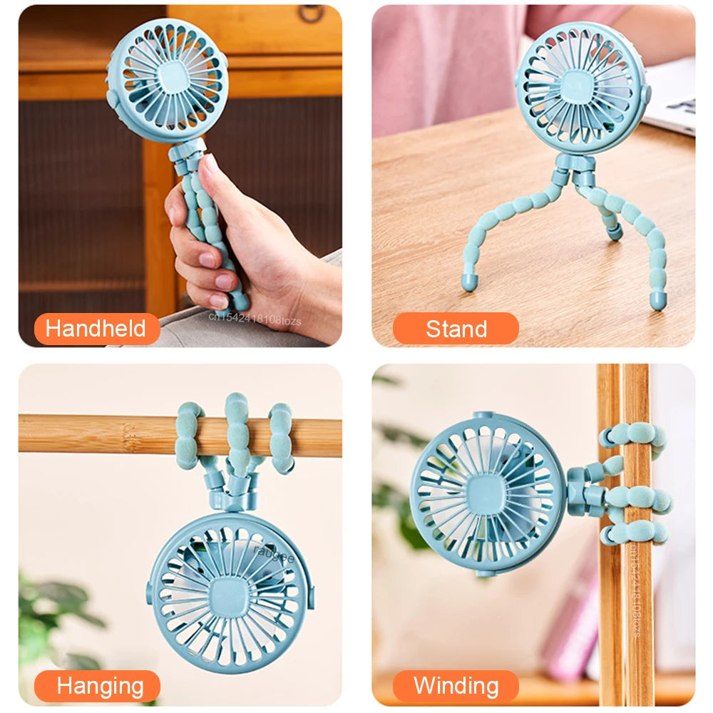Ventilador Portátil con Clip, Mini Ventilador para Cochecito de Bebé, Recargable por USB, Ventilador Octopus 360 °   Ventilador de Trípode Giratorio para Exteriores, Ventilador Pequeño con Clip