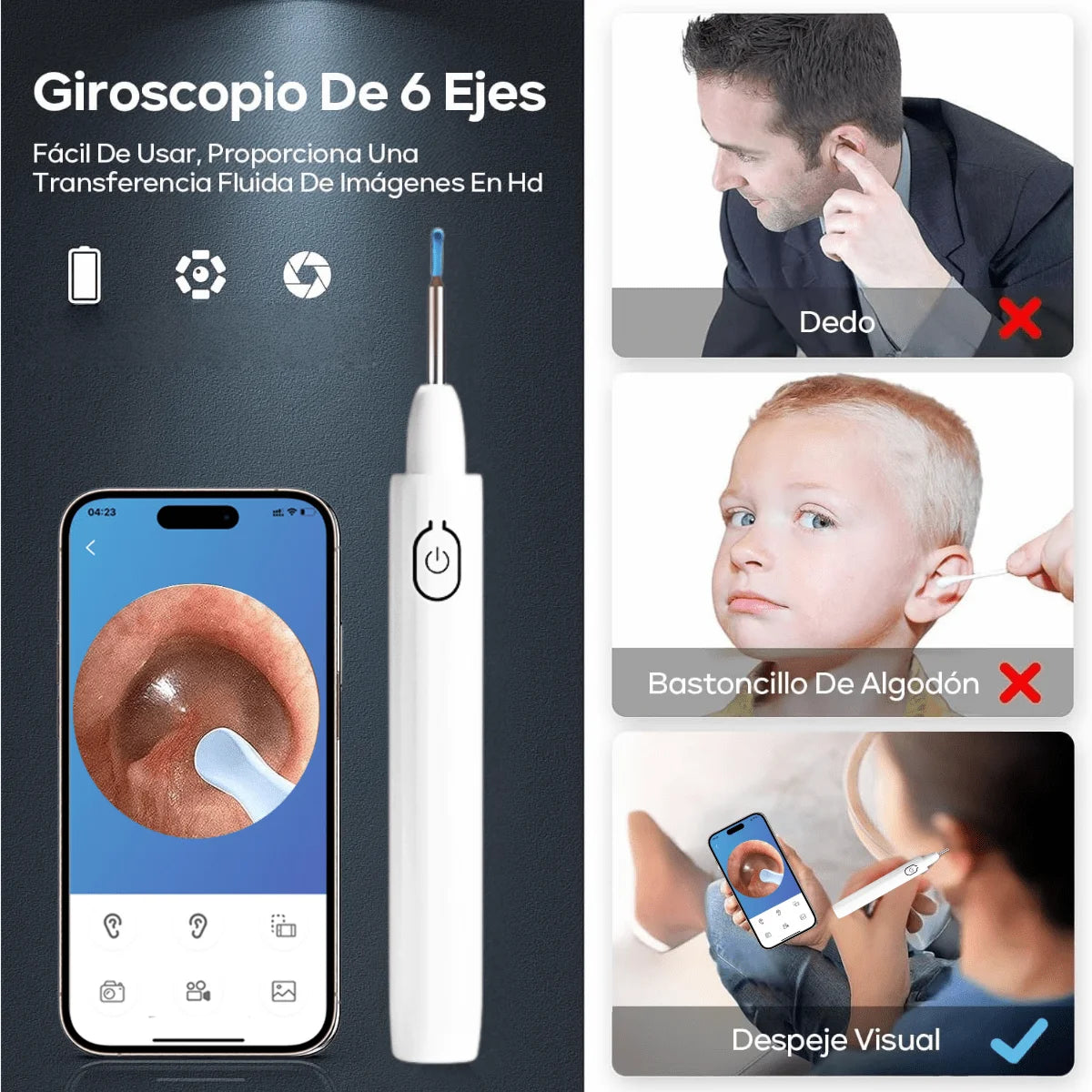 Cucharilla para limpiar oídos con cámara: cámara HD de 2 megapíxeles, cucharilla para oídos ultra HD visible, herramienta de limpieza para el canal auditivo con kit de limpieza, visualización en el teléfono móvil, lim