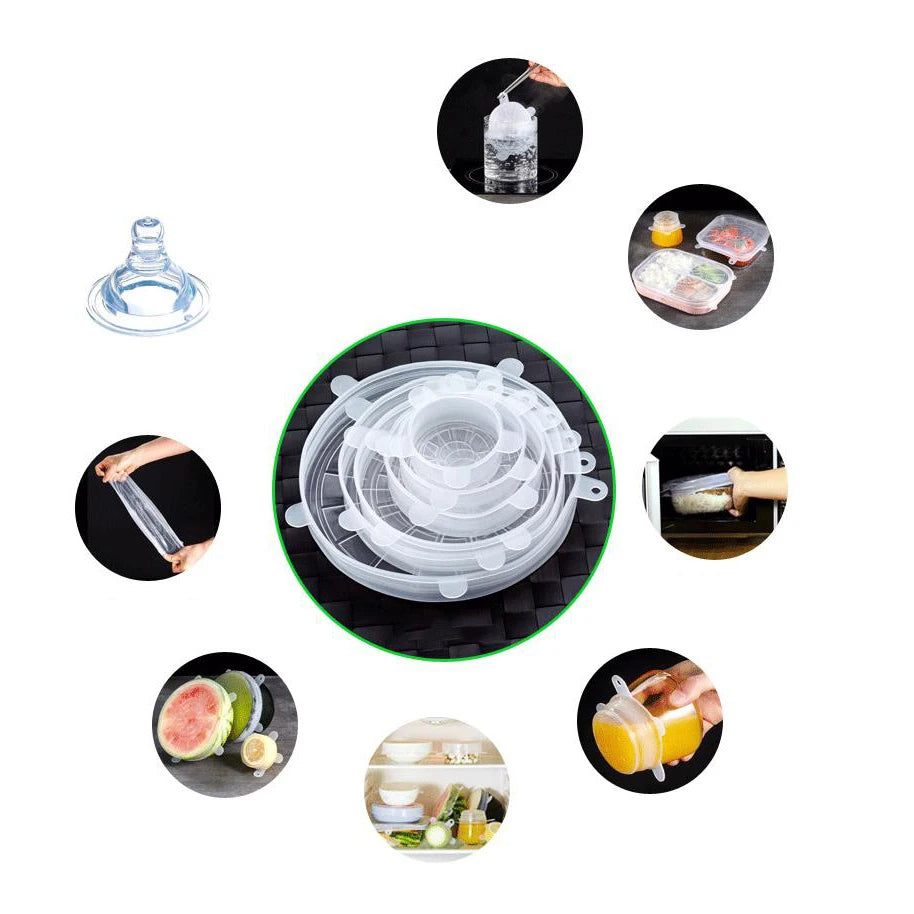 Tapas de silicona reutilizables para mantenimiento fresco, tapas de silicona adaptables para latas, platos de comida, utensilios de cocina, 6 uds.