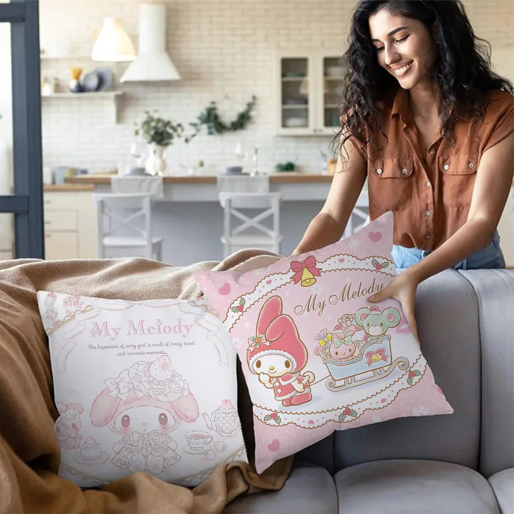 Sanrios-fundas de almohada rosa My Melody, sofá decorativo de dibujos animados para el hogar, estampado de doble cara, cojín bonito de felpa corto, nueva funda