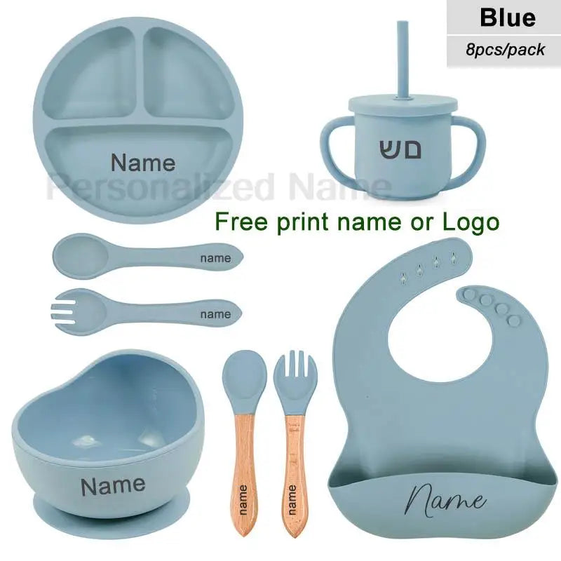 Juego de alimentación de silicona para bebé, plato de comedor redondo, cuenco con ventosa, platos para niños, vajilla con nombre personalizado, taza de paja, 8 Uds.