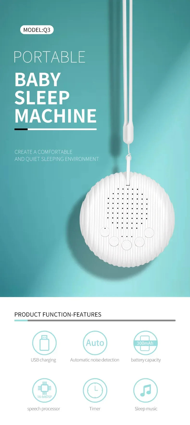 Máquina de Ruido Blanco para Bebés con 10 Sonidos Relajantes, Volumen Ajustable, Portátil, Batería Recargable Integrada