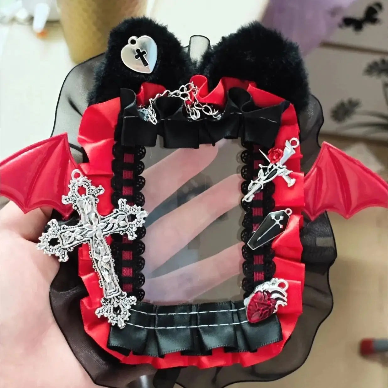 Portafoto de la serie Ins Dark para Kpop, diseño de ángel y murciélago, bolsa para tarjetas fotográficas, colgante, soporte para insignias, decoración con encaje para Itabag