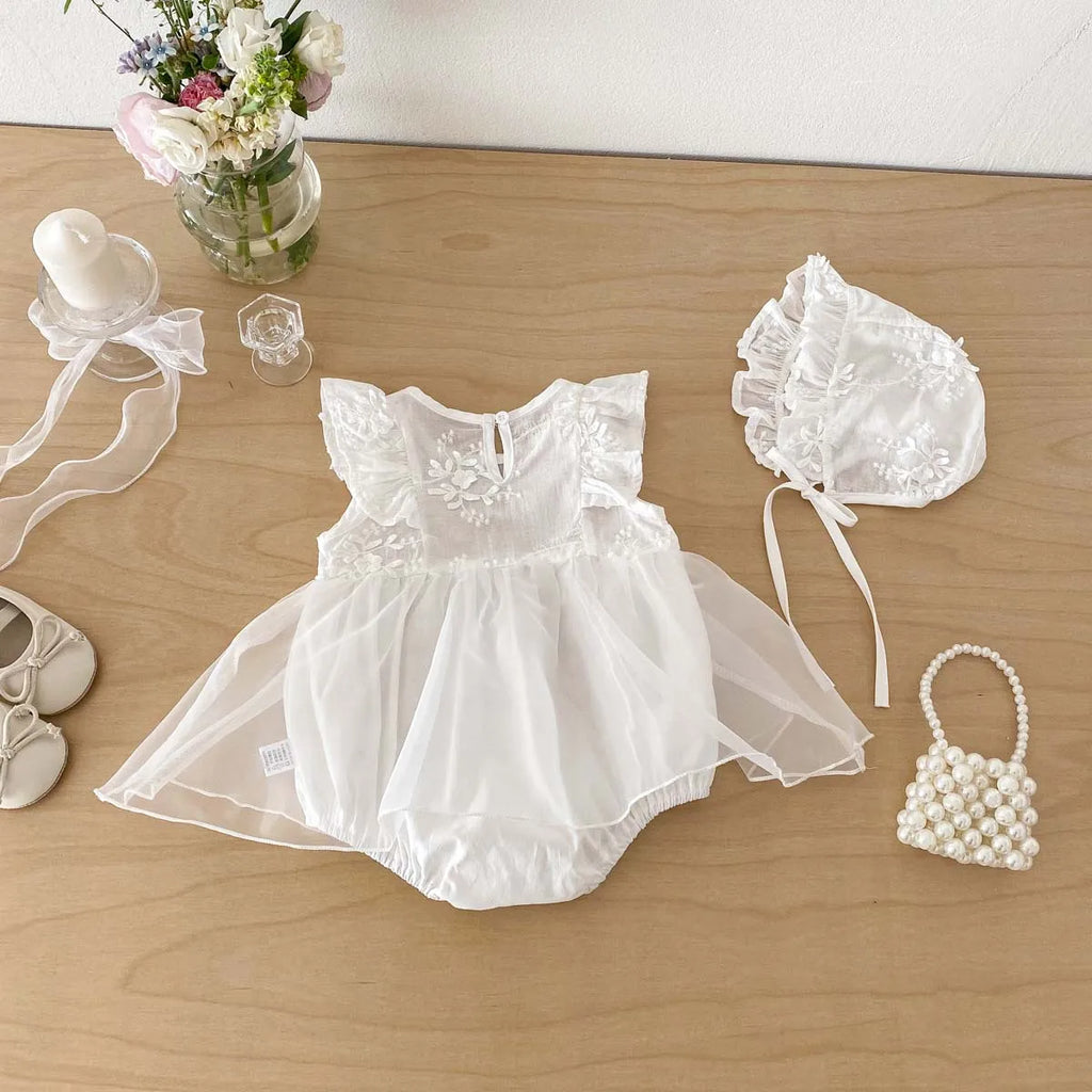 Conjunto de Ropa para Bebé Niña de 0 a 2 Años, 2026, Body Blanco con Estampado Floral Tridimensional y Gorro, 2 Piezas