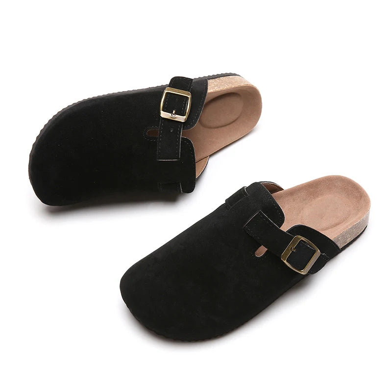 Sandalias de medio arrastre, zuecos para mujer, zapatillas de gamuza de corcho a la moda, zapatillas clásicas antideslizantes de corcho para exteriores con arco