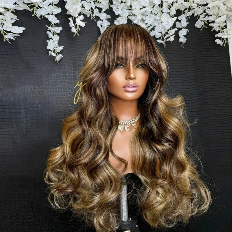 Resaltar Rubio degradado cuerpo onda peluca con malla Frontal con flequillo 13x4 HD peluca Frontal de encaje para mujeres sintético de alta calidad uso diario