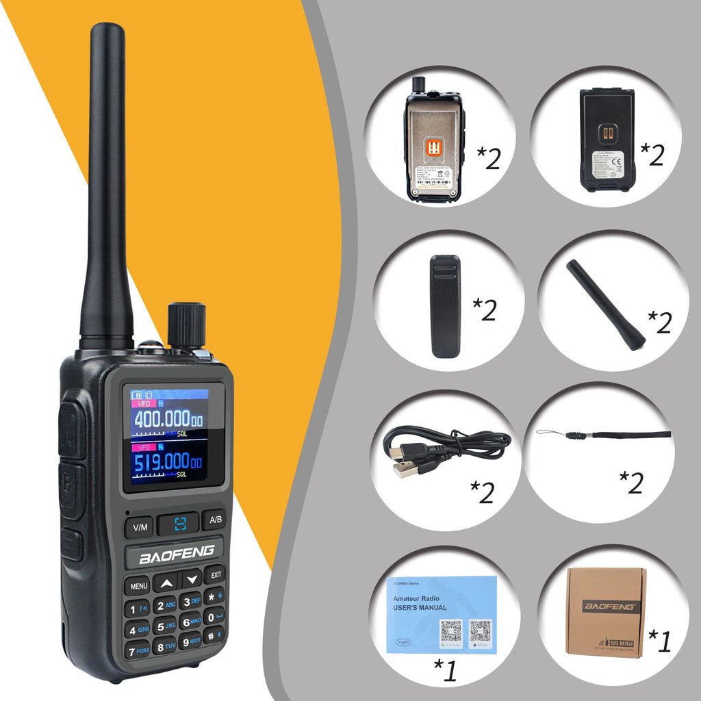2 unids/pack Baofeng UV-5R Mini doble banda Dual PTT Walkie Talkie 5RMINI banda aérea Rx 5W compacto VOX FM Radio aficionado carga tipo C