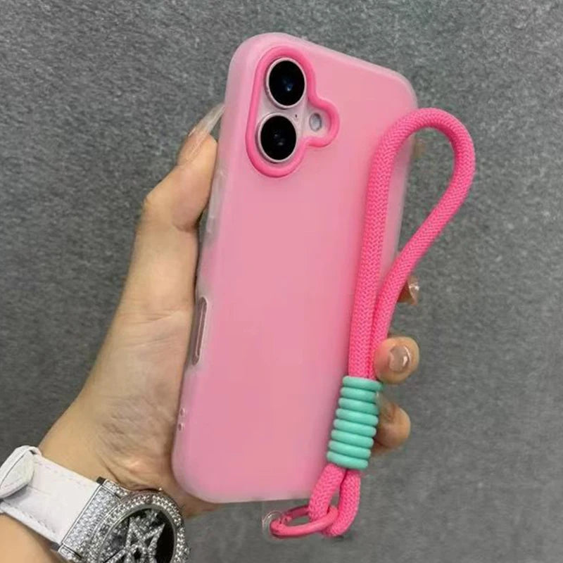 Funda de teléfono transparente de caramelo mate suave para iPhone 17 16 Pro Max 15 14 13 12 11 XS X 7 8 Plus 16e cubierta de cordón con correa para muñeca