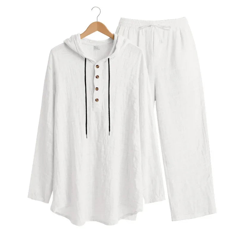 Conjunto informal holgado de lino para hombre, camisa Henry de manga larga y pantalones largos, conjunto cómodo y transpirable a la moda para otoño 2025