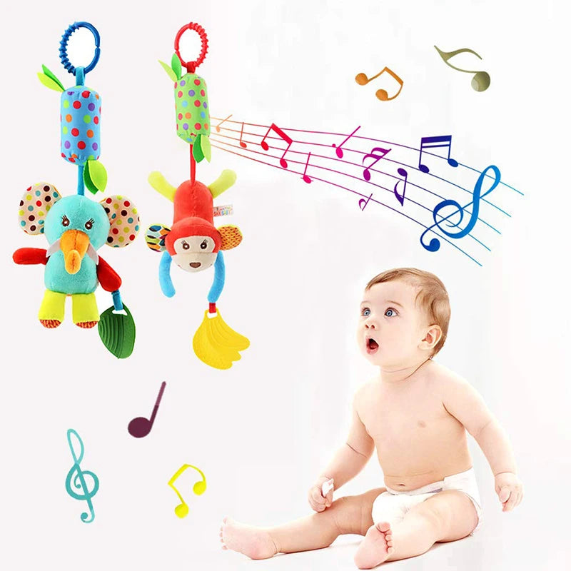 Sonajeros colgantes sensoriales para bebé, juguete de aprendizaje suave, cochecito de animales de peluche, cama de coche infantil, cuna con mordedor para bebés y niños pequeños