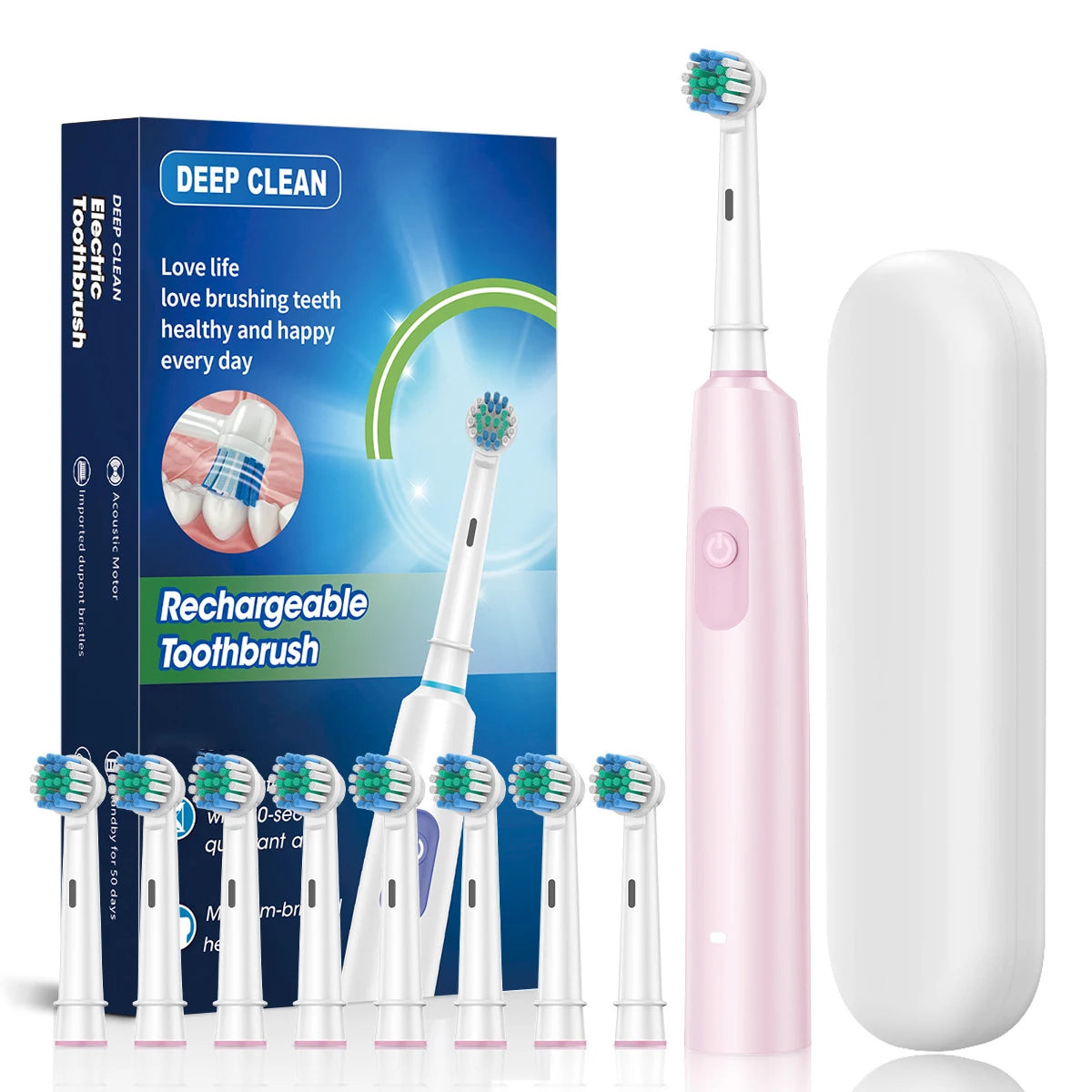 Cepillo de dientes eléctrico giratorio para limpieza profunda y blanqueamiento de dientes para adultos, cepillo de dientes recargable con cabezales de repuesto de 4/8 piezas