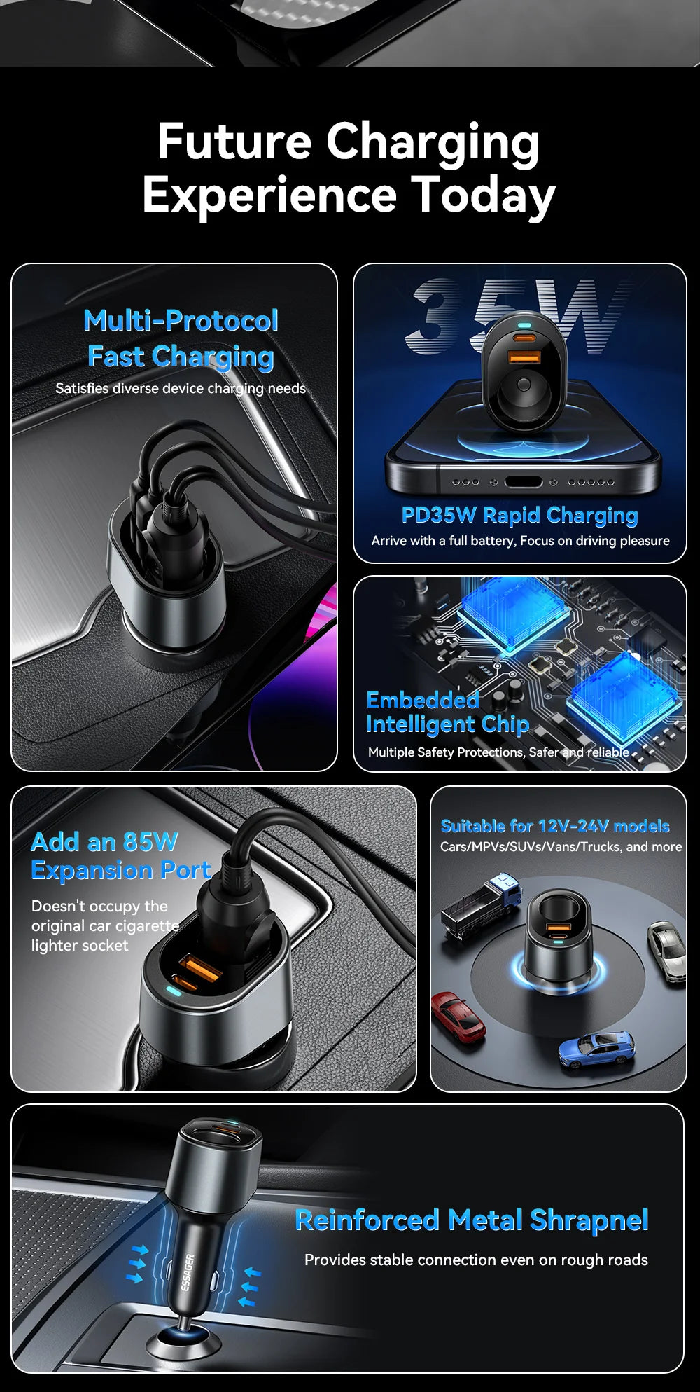 Essager 120W USB C cargador de coche con puerto de encendedor de cigarrillos de coche de 85W adaptador de cargador de coche rápido para iPhone 15 MacBook Xiaomi Laptop