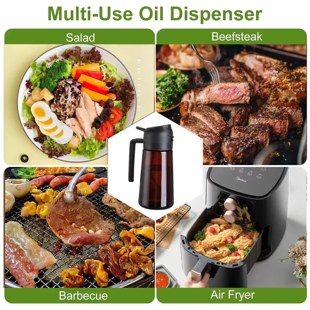 Dispensador y Rociador de Aceite de Vidrio 2 en 1, 16oz/470ml, Antiderrames, para Cocina, Freidora de Aire, Barbacoa, Repostería, Ensaladas - Botella Rociadora de Aceite de Oliva