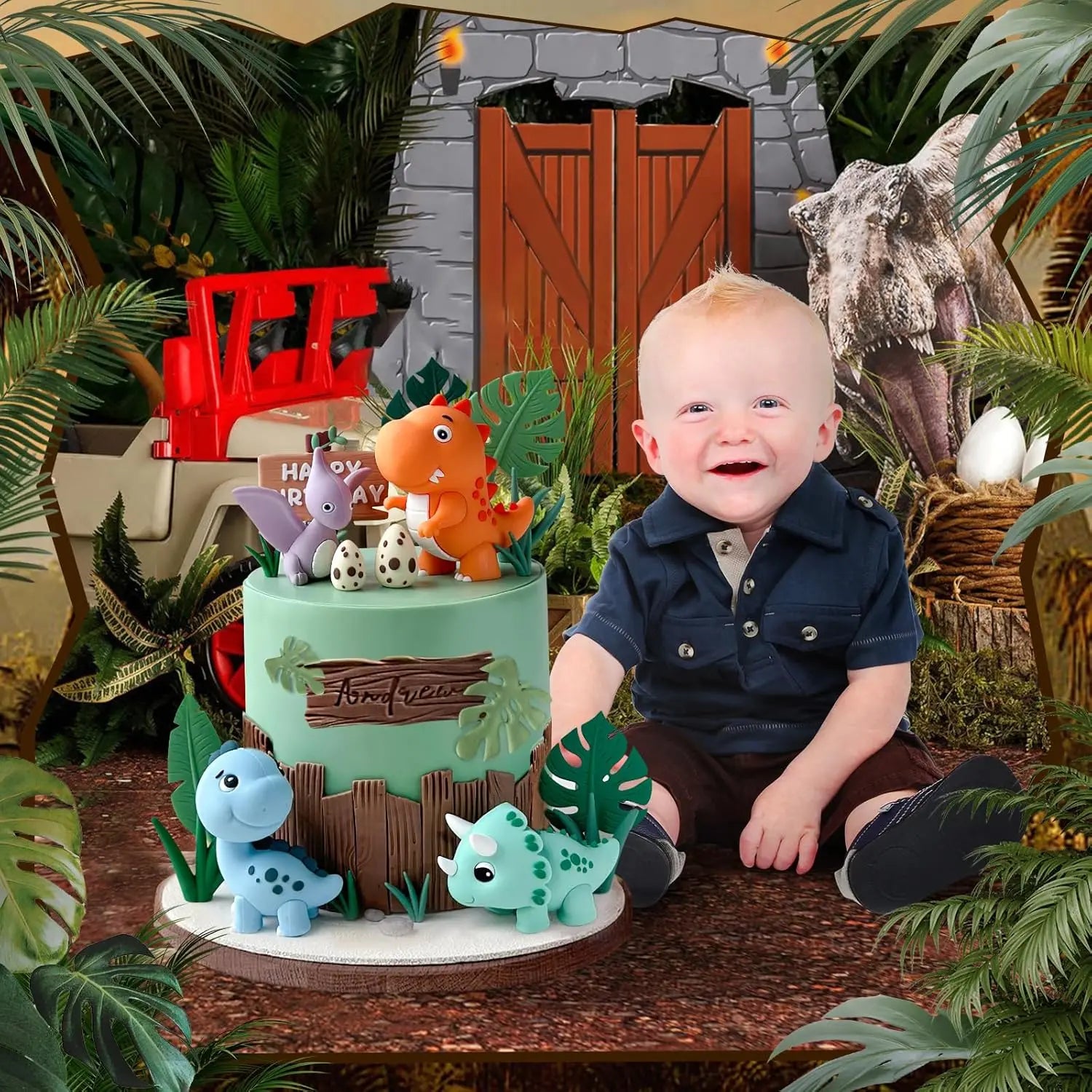 17 Uds. Adorno para tarta de dinosaurio, huevos de dinosaurio, hojas, hierba, decoraciones para pasteles para decoraciones para fiestas temáticas de animales de Safari