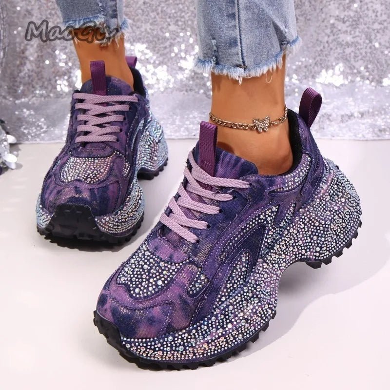 Zapatillas gruesas con diamantes de imitación para mujer, zapatos informales con cordones y suela gruesa, zapatos vulcanizados con plataforma vaquera de lujo para mujer 35-42