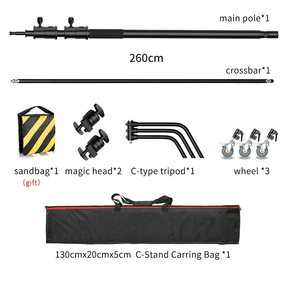 Kit de soporte C de acero inoxidable, soporte de luz con bolsa de peso, accesorios de estudio fotográfico, varilla de extensión, brazo cruzado de 2,49 M de longitud