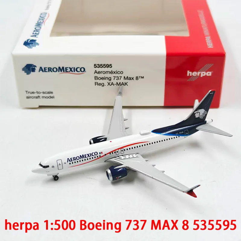 Modelo de avión de pasajeros Herpa Diecast Alloy a escala 1:500, Boeing 737 MAX 8 535595 de México, para exhibición y colecciones.