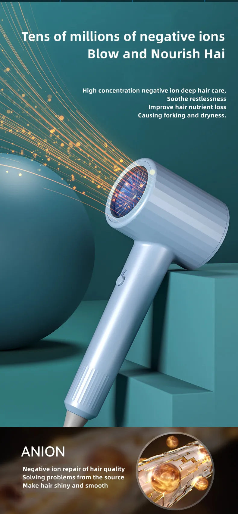 Secador de Pelo Profesional de 2400W con Aire Frío y Caliente, Temperatura Constante, Luz Azul, Iones Negativos y Silencioso