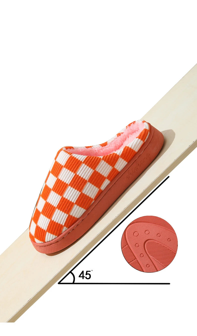 Zapatilla a cuadros para mujer, invierno cálido, hogar, dibujos animados Kawaii, Contton de felpa, interior, divertido, lindo, peludo, zapatos de suelo para casa, tablero de ajedrez femenino