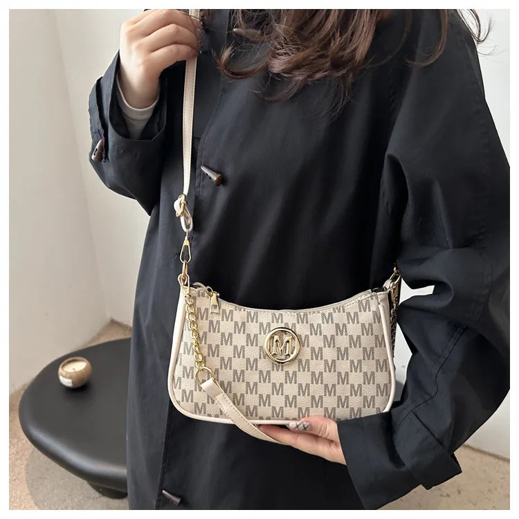 Bolso retro francés para axila, bolso de un hombro con estampado de letras y cadena cuadrada cruzada diagonal para mujer