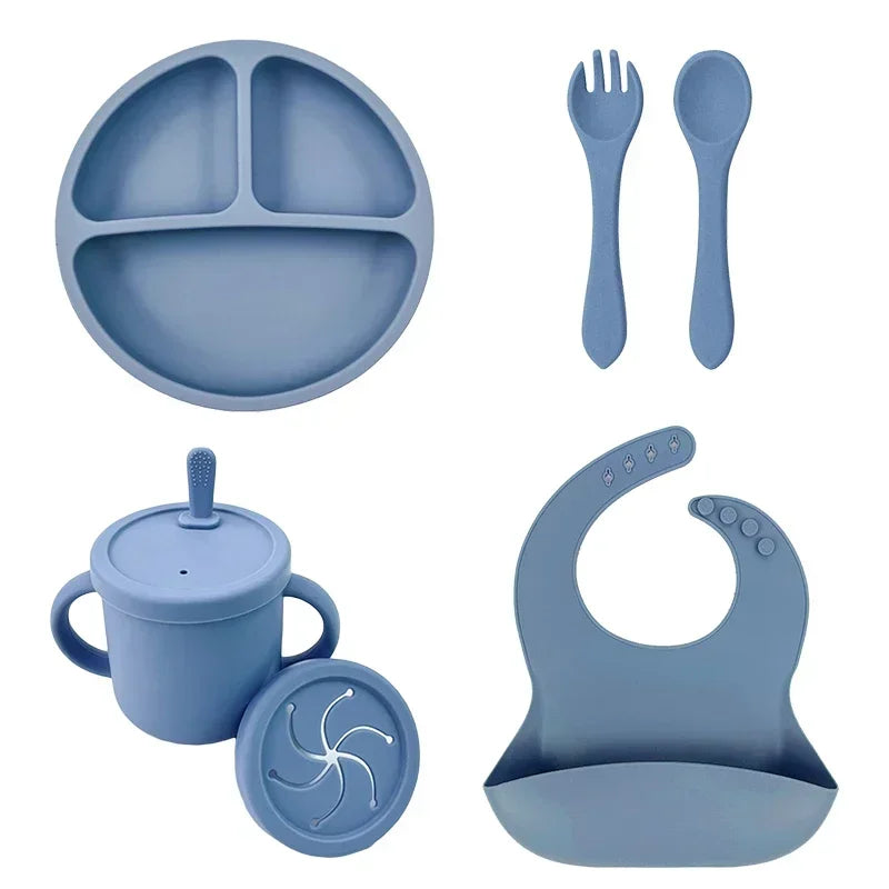 Juego de alimentación de bebé de silicona sin BPA, cuenco con ventosa, plato de comedor, taza de paja, cuchara, tenedores para niños, vajilla para bebés, platos para niños