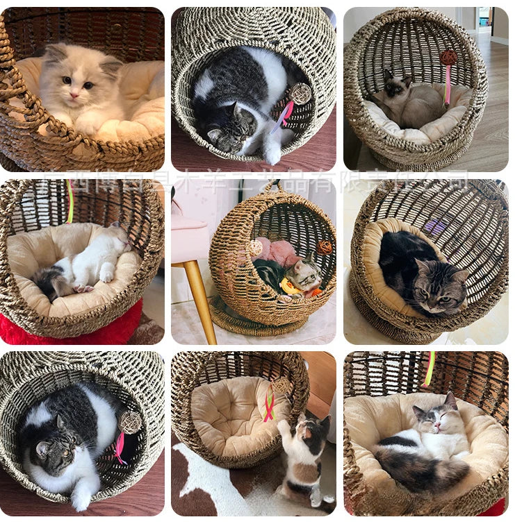 Hamaca semicerrada para mascotas, jaula redonda colgante para gatos, cesta de ratán para verano