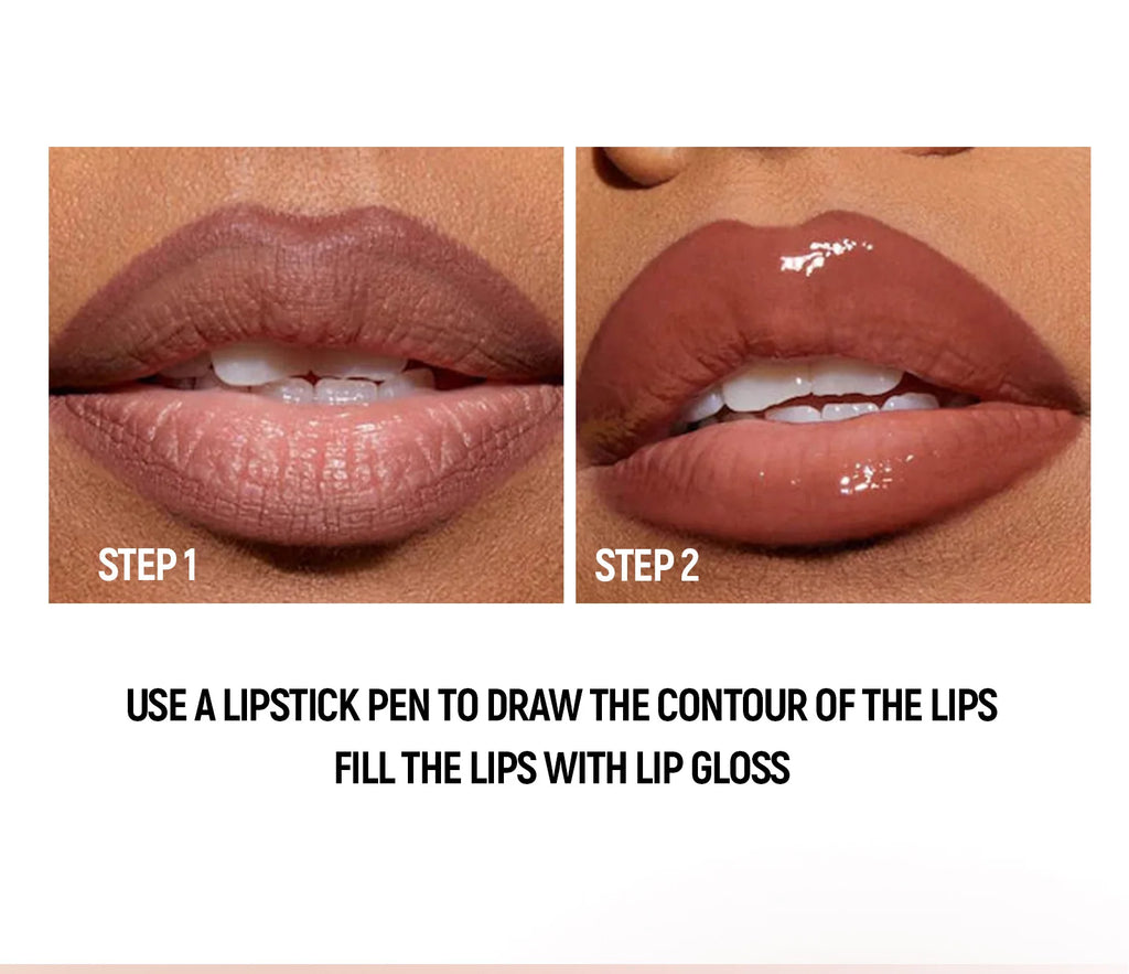 Delineador de labios cónico negro y marrón, lápiz de contorno, espejo de doble cabeza, brillo de labios de cristal, maquillaje de tinte de labios rojos sexis