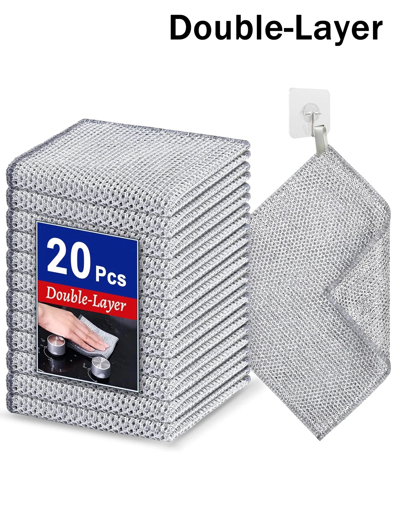 Paño de limpieza de alambre de acero engrosado de doble capa, no abrasivo, de microfibra y malla, para lavar ollas y utensilios de cocina, 20/2 unidades