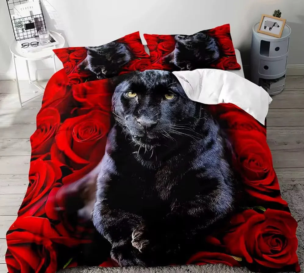 Juego de cama de tamaño completo para parejas, funda de edredón, decoración de dormitorio, León, Rey y Reina, Animal Safari africano, color negro, 3 piezas