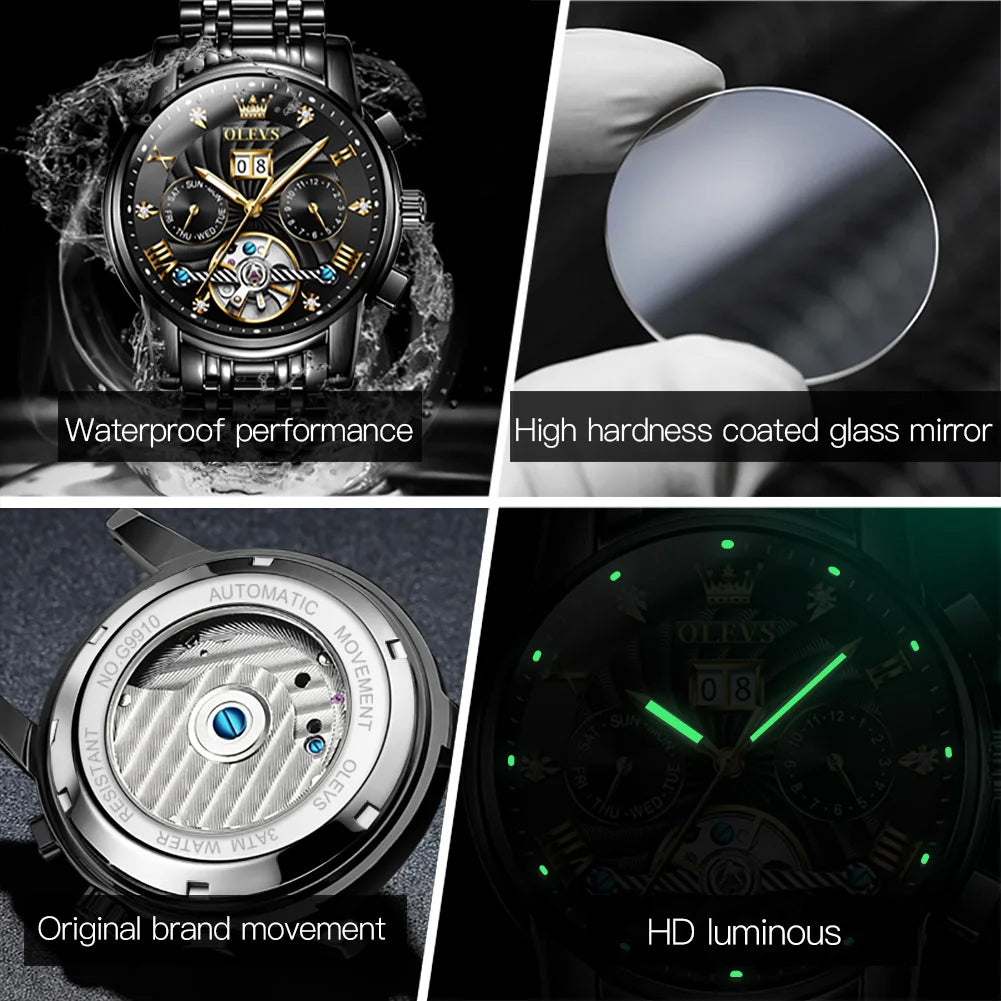 OLEVS 9910 Reloj para hombre Tourbillon de lujo Original Reloj mecánico automático Reloj luminoso resistente al agua con fecha y día con caja Reloj