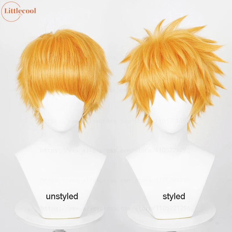 Peluca de Cosplay de Anime Kurosaki Ichigo de alta calidad, 30cm, pelo sintético corto naranja resistente al calor, pelucas para fiesta de Halloween + gorro de peluca